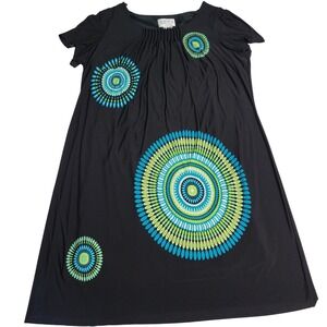 Julian Taylor NY 3X Black Mod Print A-Line Shift Dress Blue Green Medallion